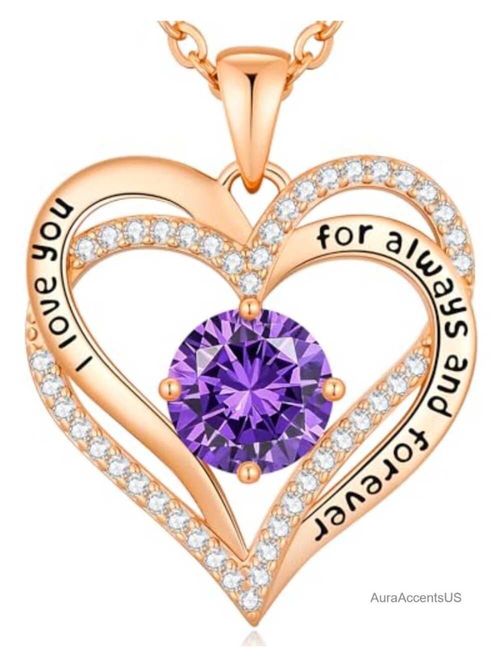 18K Rose Gold Plated Heart Pendant Necklace Cubic Zirconia Birthstone